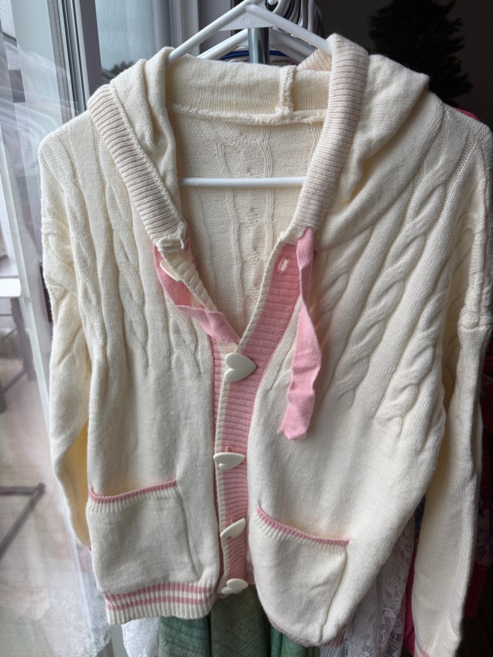 SHEIN Cream Hooded Cable Knit Cardigan with Pink Trim